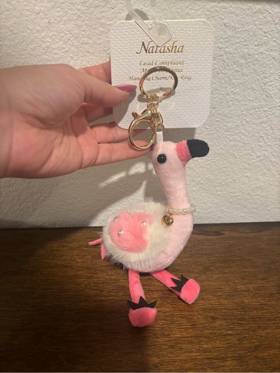 Natasha Accessories - Natasha Couture Pink & Black Flamingo Plush Bag Charm with Gold Hardware